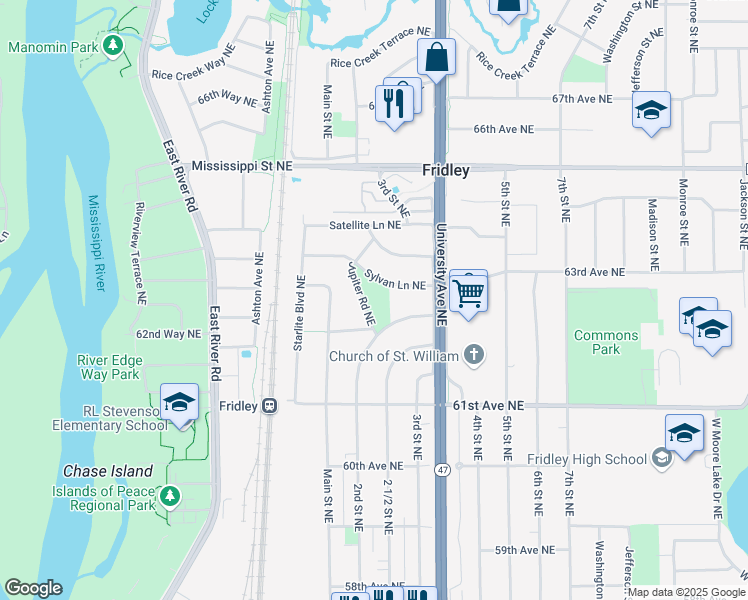 map of restaurants, bars, coffee shops, grocery stores, and more near 6281 Jupiter Road Northeast in Fridley