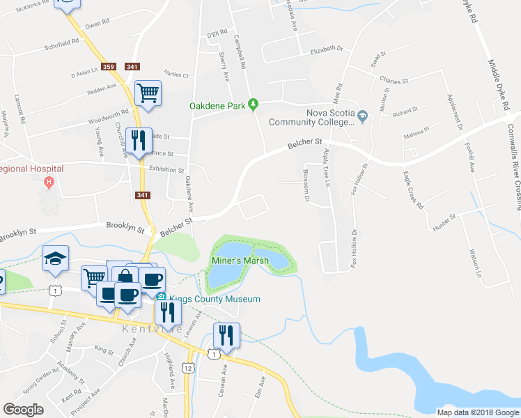 map of restaurants, bars, coffee shops, grocery stores, and more near 28 Fairview Street in Kentville