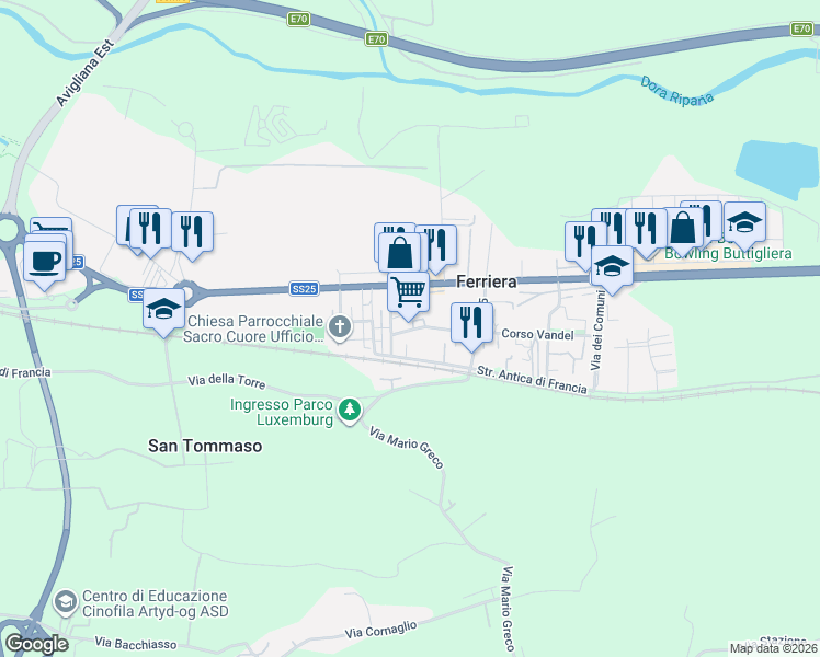map of restaurants, bars, coffee shops, grocery stores, and more near 5 Via Rocciamelone in Ferriera