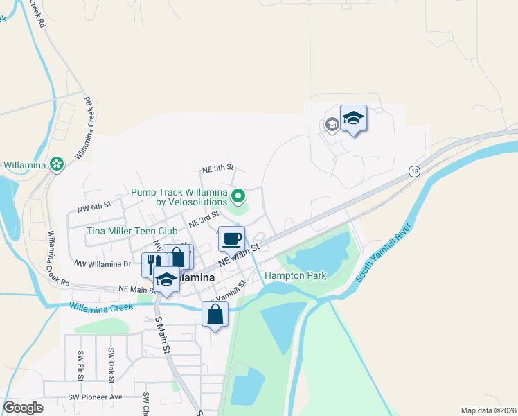 map of restaurants, bars, coffee shops, grocery stores, and more near 417 Northeast Oaken Hills Drive in Willamina