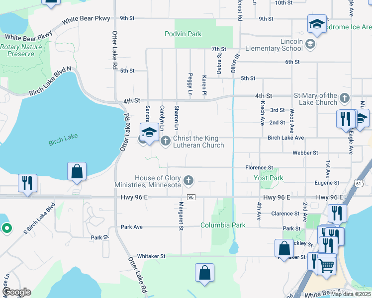 map of restaurants, bars, coffee shops, grocery stores, and more near 1692 Birch Lake Avenue in White Bear Lake