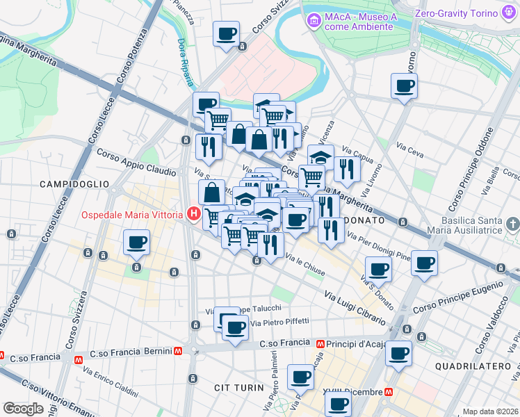 map of restaurants, bars, coffee shops, grocery stores, and more near 70 Via San Donato in Turin