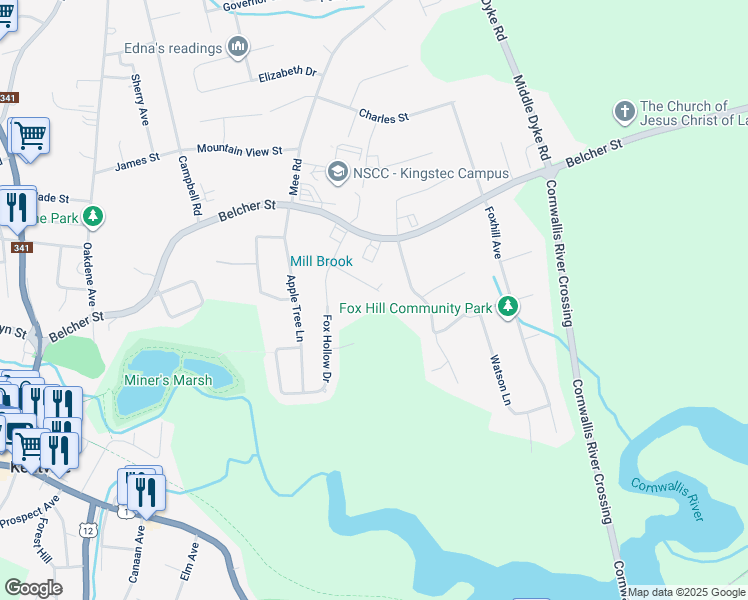 map of restaurants, bars, coffee shops, grocery stores, and more near 32 Mackinnon Court in Kentville