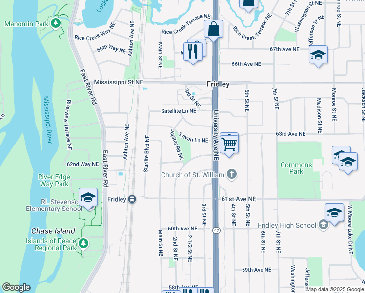 map of restaurants, bars, coffee shops, grocery stores, and more near 6281 Jupiter Road Northeast in Fridley