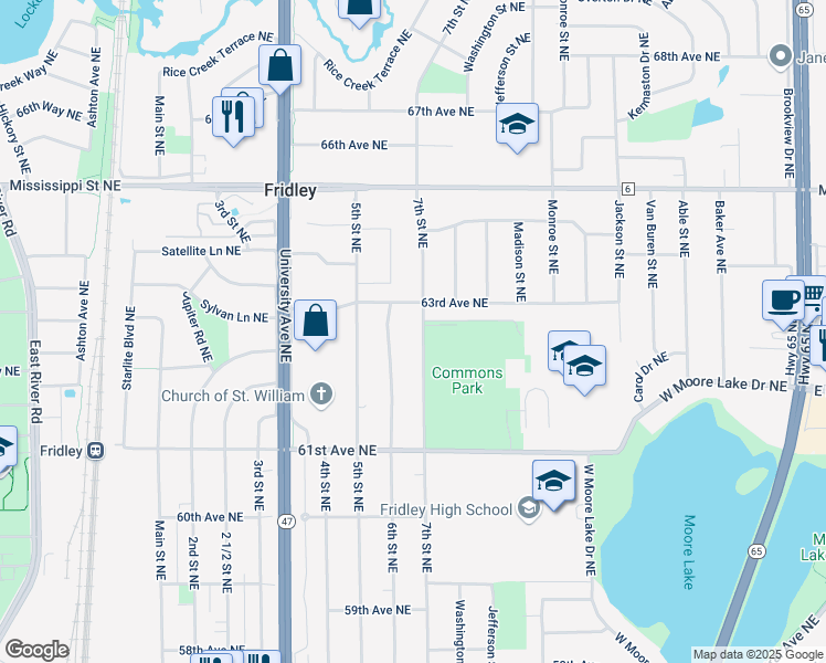 map of restaurants, bars, coffee shops, grocery stores, and more near 500 63rd Avenue Northeast in Fridley