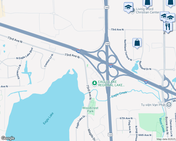 map of restaurants, bars, coffee shops, grocery stores, and more near 7050 Magda Drive in Maple Grove