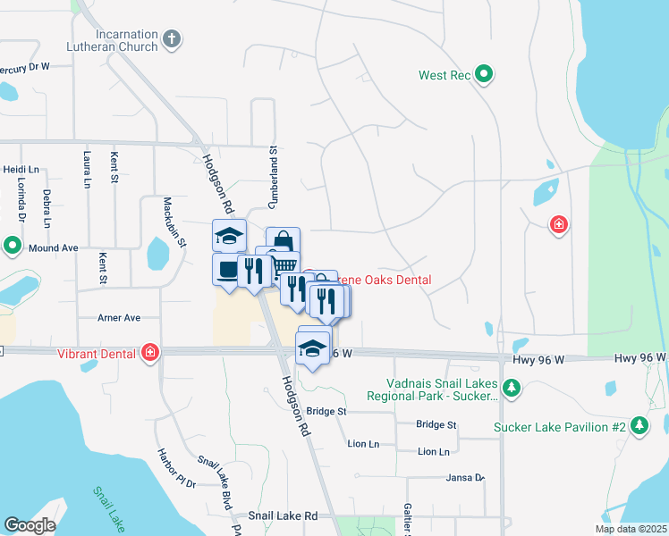 map of restaurants, bars, coffee shops, grocery stores, and more near 300 Village Center Drive in North Oaks
