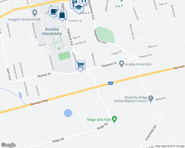 map of restaurants, bars, coffee shops, grocery stores, and more near 109 Highland Avenue in Wolfville