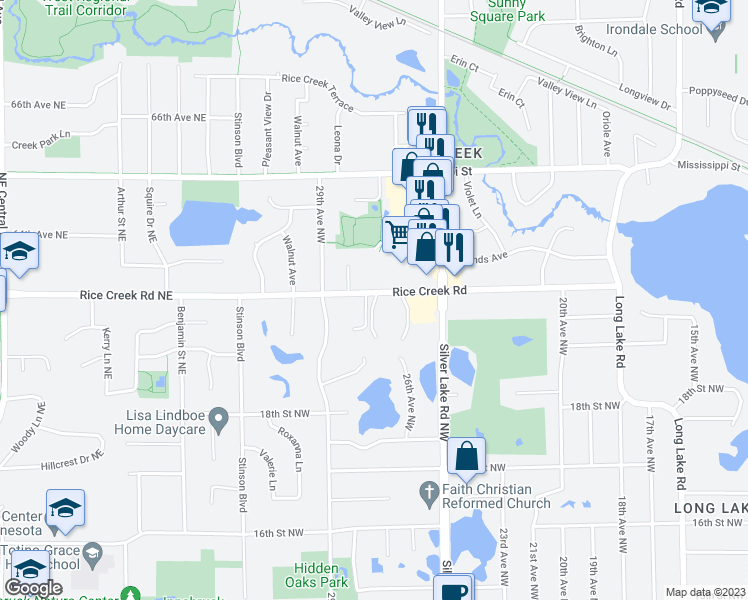 map of restaurants, bars, coffee shops, grocery stores, and more near 2653 Rice Creek Road in New Brighton