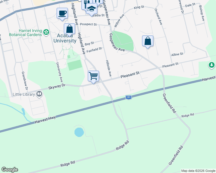 map of restaurants, bars, coffee shops, grocery stores, and more near 109 Highland Avenue in Wolfville