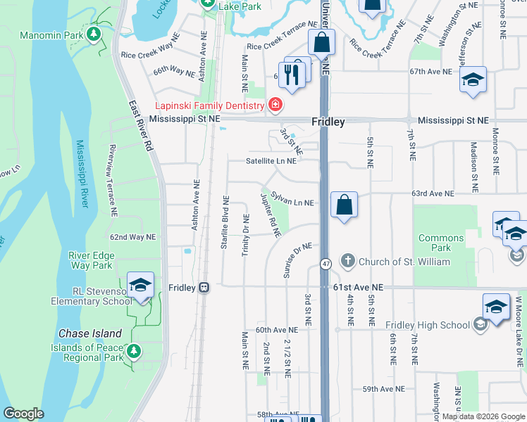map of restaurants, bars, coffee shops, grocery stores, and more near 6230 Jupiter Road Northeast in Minneapolis