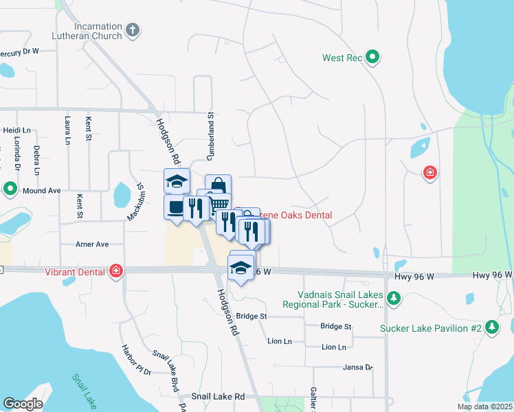 map of restaurants, bars, coffee shops, grocery stores, and more near 300 Village Center Drive in North Oaks