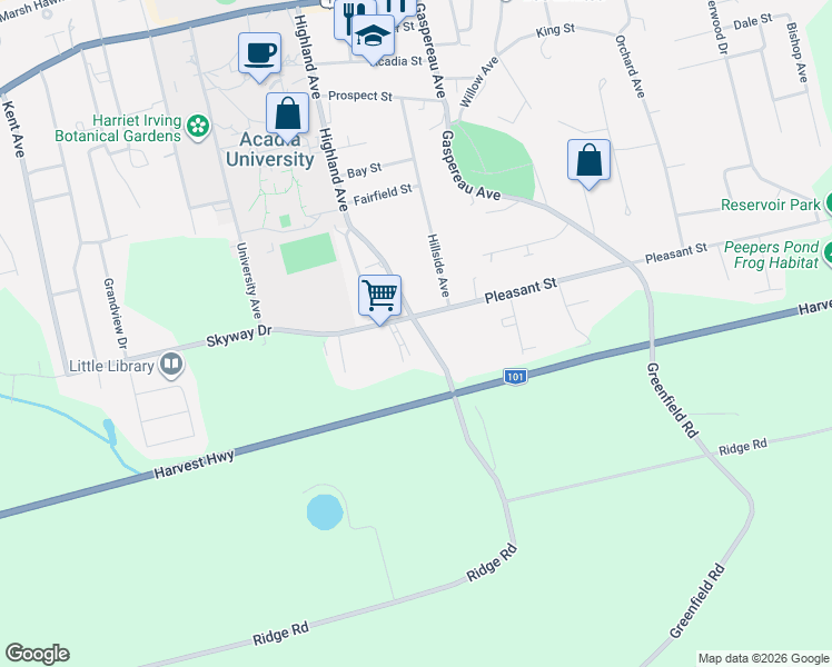 map of restaurants, bars, coffee shops, grocery stores, and more near 106 Highland Avenue in Wolfville