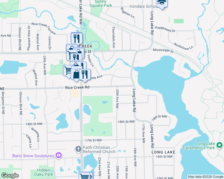 map of restaurants, bars, coffee shops, grocery stores, and more near 2021 Rice Creek Road in New Brighton