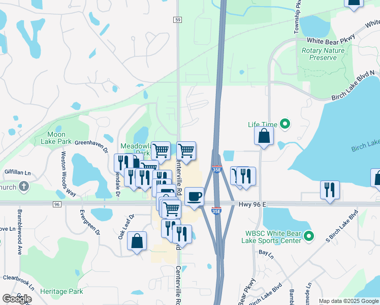 map of restaurants, bars, coffee shops, grocery stores, and more near 4650 Centerville Road in White Bear Lake