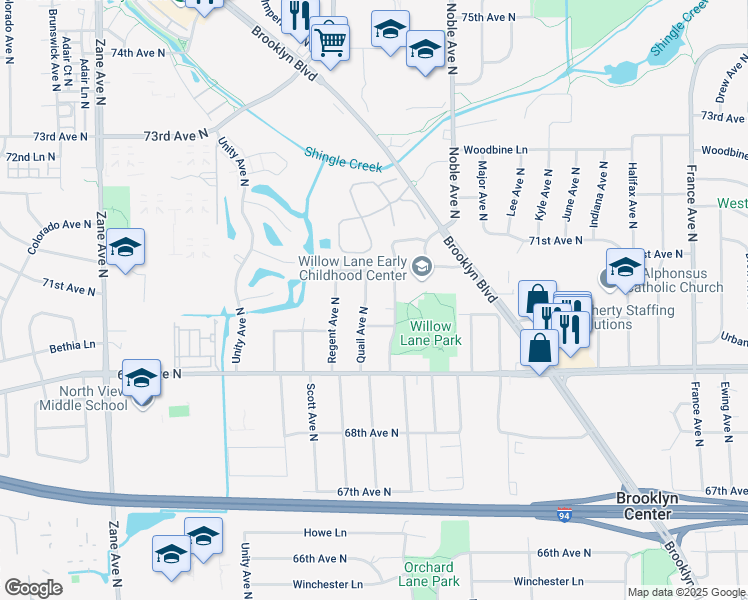 map of restaurants, bars, coffee shops, grocery stores, and more near 7019 Quail Avenue North in Minneapolis