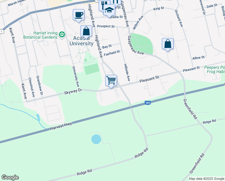 map of restaurants, bars, coffee shops, grocery stores, and more near 11 Skyway Drive in Wolfville