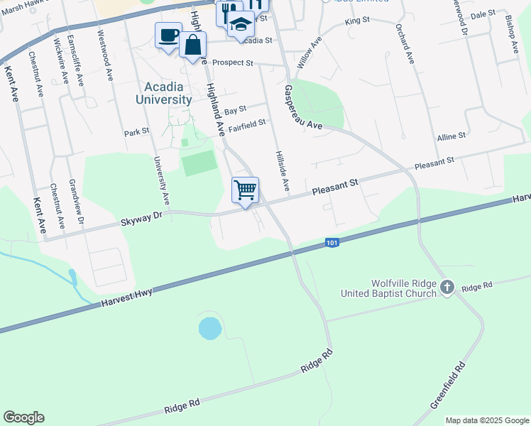 map of restaurants, bars, coffee shops, grocery stores, and more near 104 Highland Avenue in Wolfville