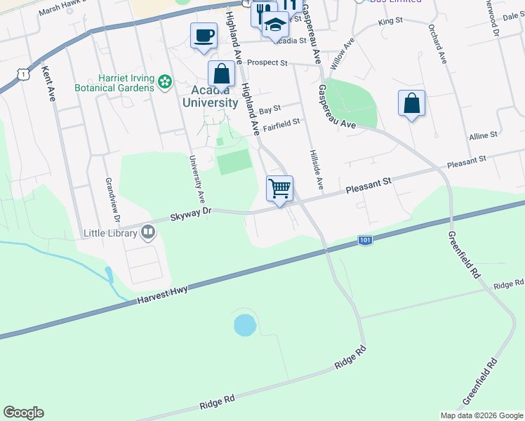 map of restaurants, bars, coffee shops, grocery stores, and more near 21 Skyway Drive in Wolfville