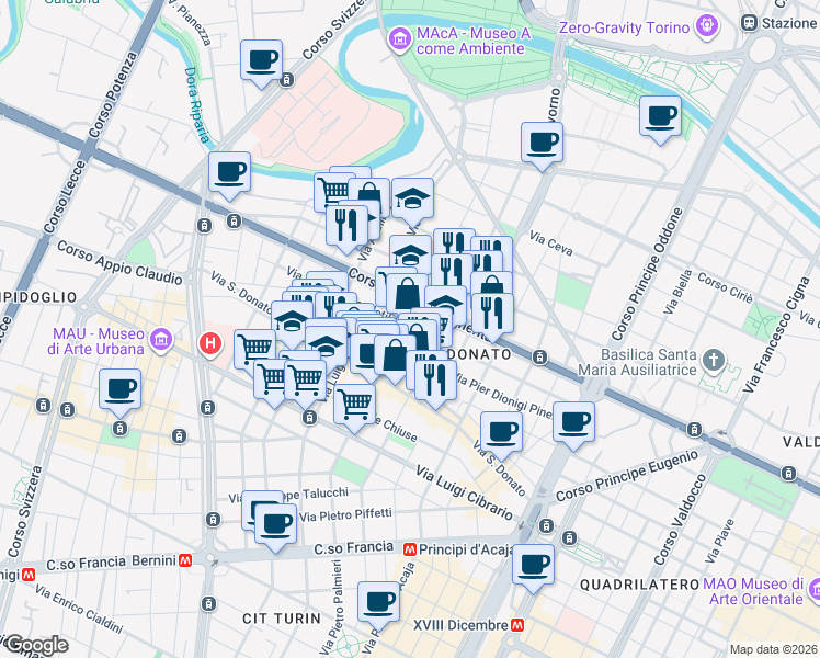 map of restaurants, bars, coffee shops, grocery stores, and more near 13 Via Domenico Capellina in Torino