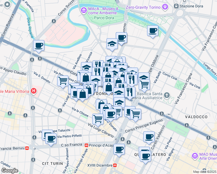 map of restaurants, bars, coffee shops, grocery stores, and more near 5 Via Bari in Torino