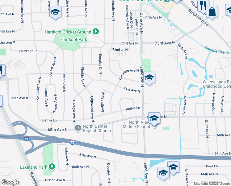 map of restaurants, bars, coffee shops, grocery stores, and more near 7008 Colorado Avenue North in Minneapolis