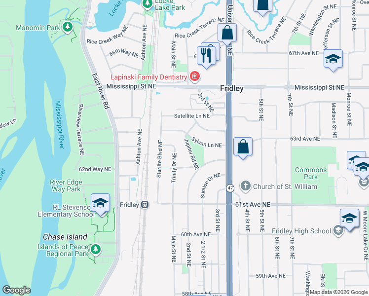 map of restaurants, bars, coffee shops, grocery stores, and more near 6230 Jupiter Road Northeast in Minneapolis