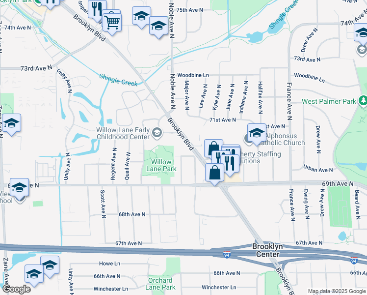 map of restaurants, bars, coffee shops, grocery stores, and more near 7015 Brooklyn Boulevard in Brooklyn Center