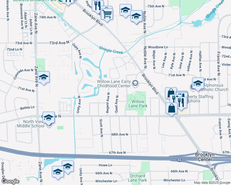 map of restaurants, bars, coffee shops, grocery stores, and more near 7019 Quail Avenue North in Minneapolis