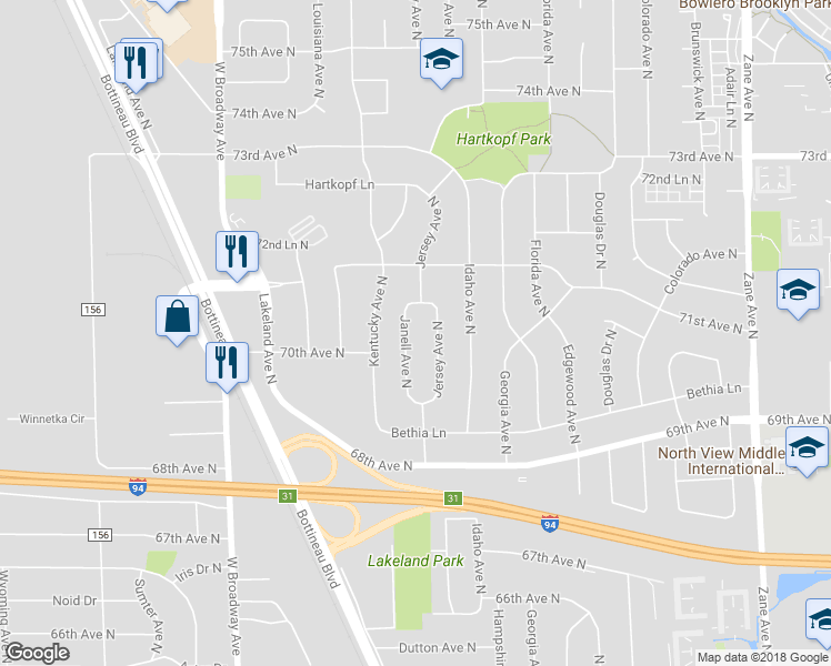 map of restaurants, bars, coffee shops, grocery stores, and more near 7008 Janell Avenue North in Minneapolis