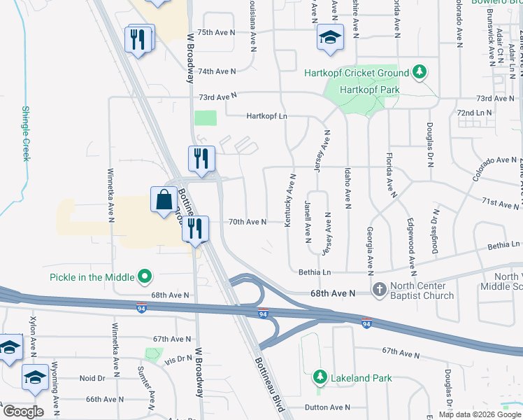 map of restaurants, bars, coffee shops, grocery stores, and more near 7017 Louisiana Avenue North in Minneapolis