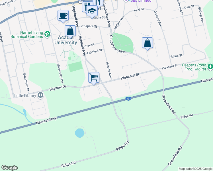 map of restaurants, bars, coffee shops, grocery stores, and more near 105 Highland Avenue in Wolfville