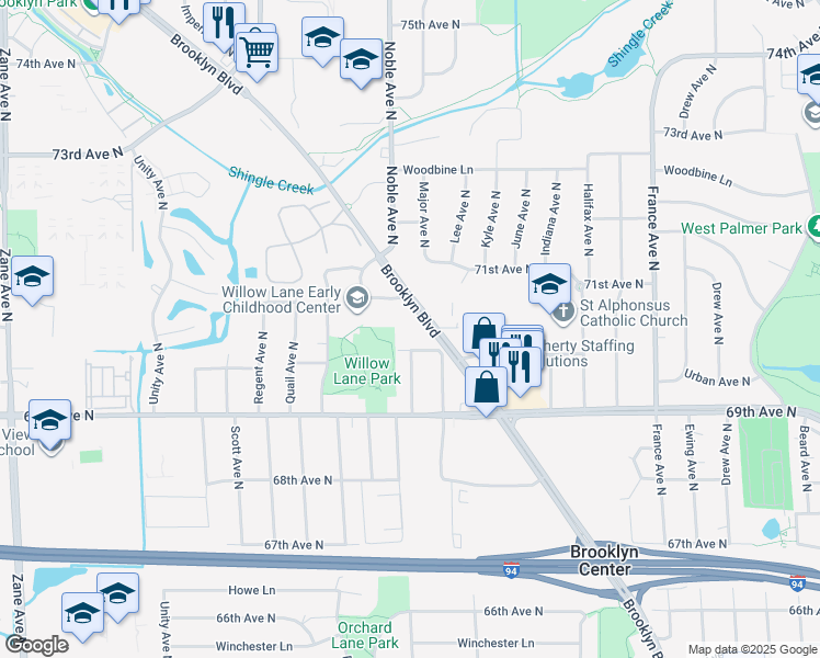 map of restaurants, bars, coffee shops, grocery stores, and more near 7015 Brooklyn Boulevard in Brooklyn Center