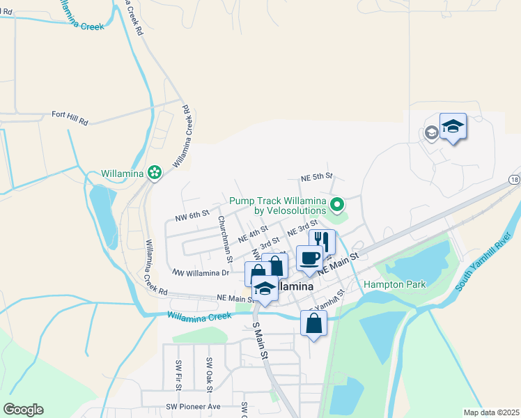 map of restaurants, bars, coffee shops, grocery stores, and more near 772 Northeast C Street in Willamina
