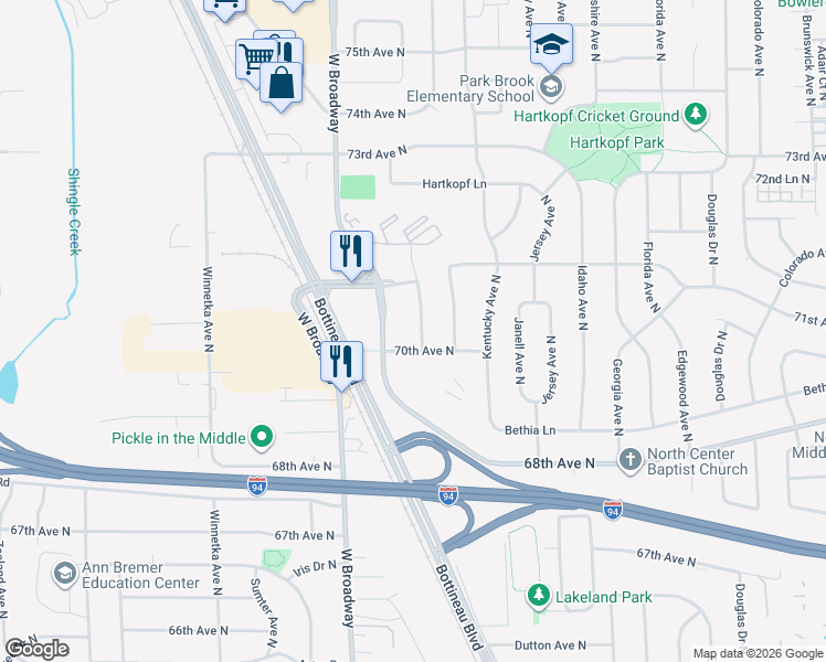 map of restaurants, bars, coffee shops, grocery stores, and more near 7017 Maryland Avenue North in Minneapolis