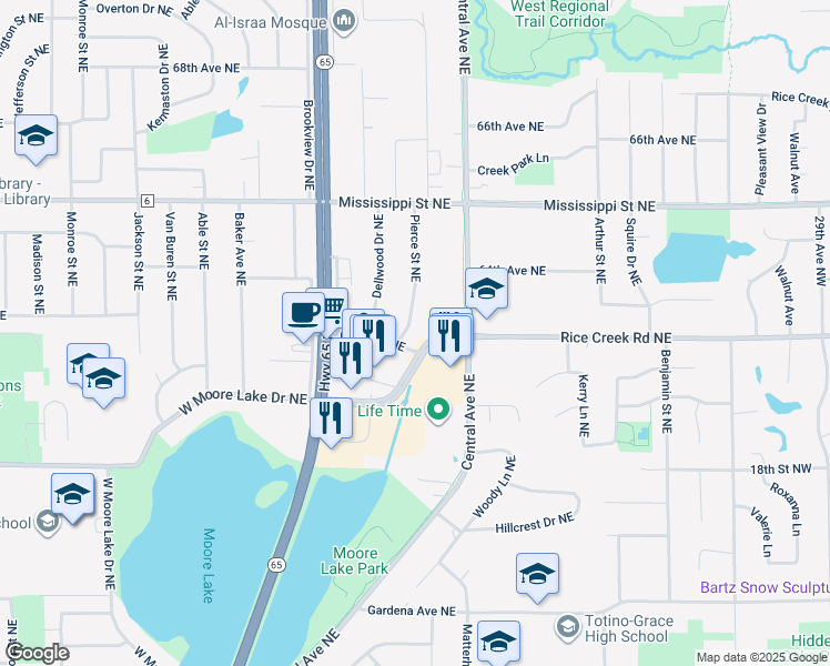 map of restaurants, bars, coffee shops, grocery stores, and more near 6315 Pierce Street Northeast in Minneapolis