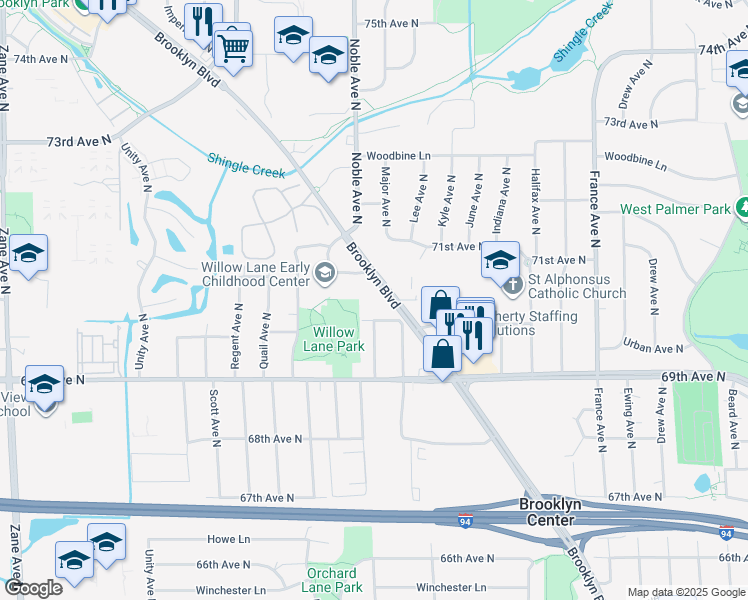 map of restaurants, bars, coffee shops, grocery stores, and more near 7015 Brooklyn Boulevard in Brooklyn Center