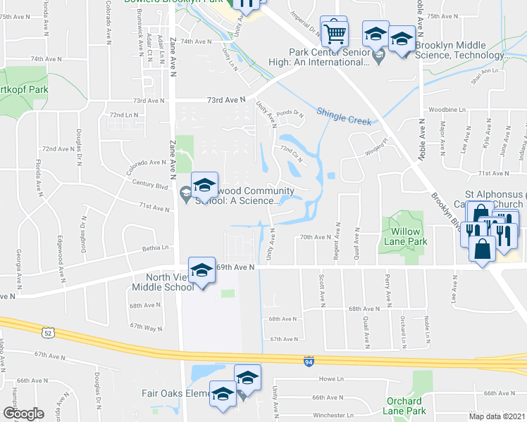 map of restaurants, bars, coffee shops, grocery stores, and more near 7057 Unity Avenue North in Minneapolis