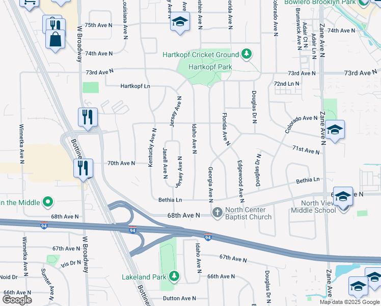 map of restaurants, bars, coffee shops, grocery stores, and more near 7009 Idaho Avenue North in Minneapolis