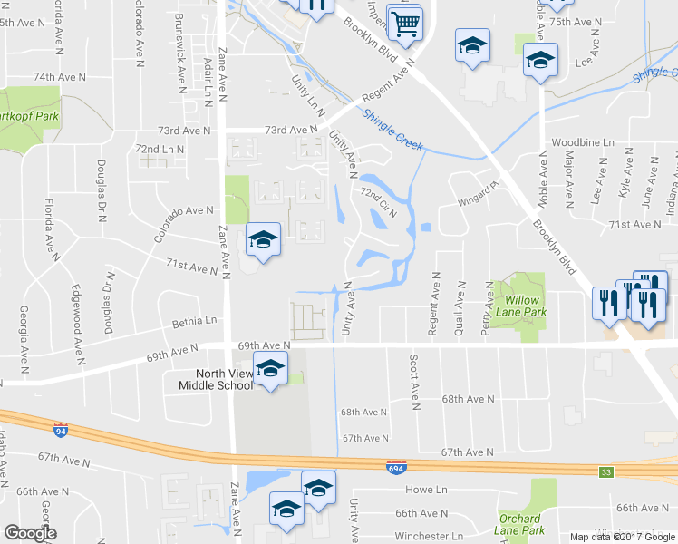 map of restaurants, bars, coffee shops, grocery stores, and more near 7057 Unity Avenue North in Minneapolis