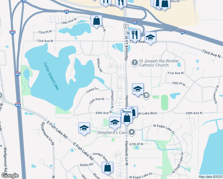 map of restaurants, bars, coffee shops, grocery stores, and more near 7099 Jonquil Lane North in Maple Grove