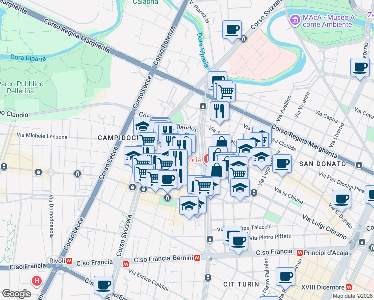 map of restaurants, bars, coffee shops, grocery stores, and more near 17 Via Rivara in Torino