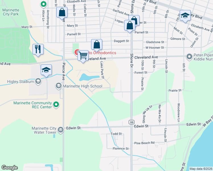 map of restaurants, bars, coffee shops, grocery stores, and more near in Marinette