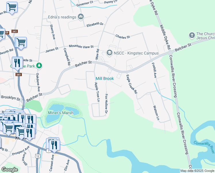 map of restaurants, bars, coffee shops, grocery stores, and more near 32 Fox Hollow Drive in Kentville