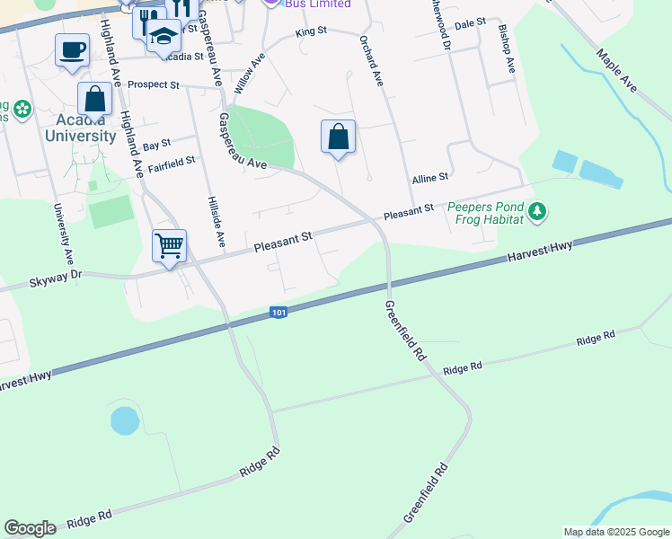 map of restaurants, bars, coffee shops, grocery stores, and more near 7 Riverview Avenue in Wolfville