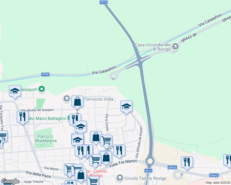 map of restaurants, bars, coffee shops, grocery stores, and more near 73 Via Mafalda di Savoia in Rovigo