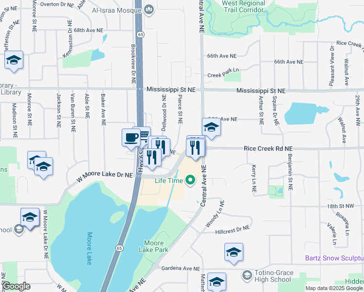 map of restaurants, bars, coffee shops, grocery stores, and more near 6315 Pierce Street Northeast in Minneapolis