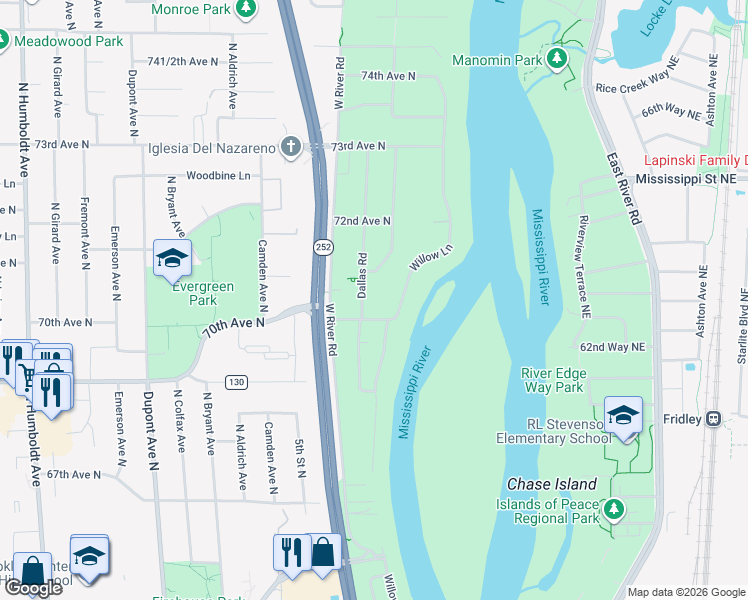 map of restaurants, bars, coffee shops, grocery stores, and more near 7012 Dallas Road in Minneapolis