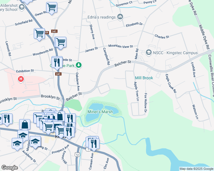 map of restaurants, bars, coffee shops, grocery stores, and more near 31 Pleasant Street in Kentville