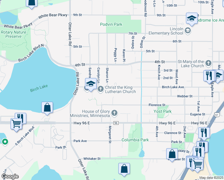 map of restaurants, bars, coffee shops, grocery stores, and more near 1692 Birch Lake Avenue in White Bear Lake